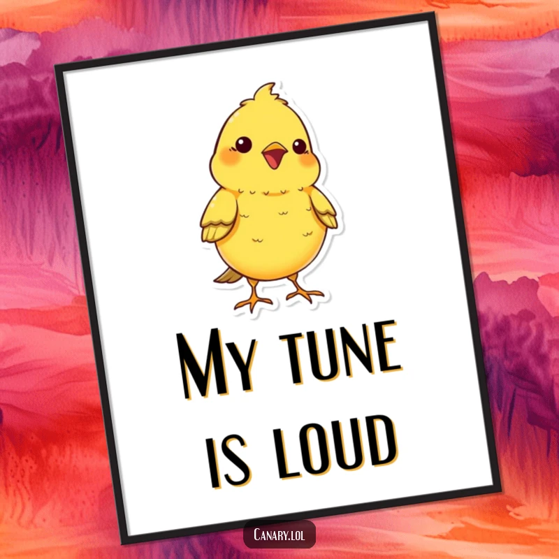 Funny kawaii canary bird digital art print, chest puffed out, chirping cheerfully, a high-resolution humorous artwork.
