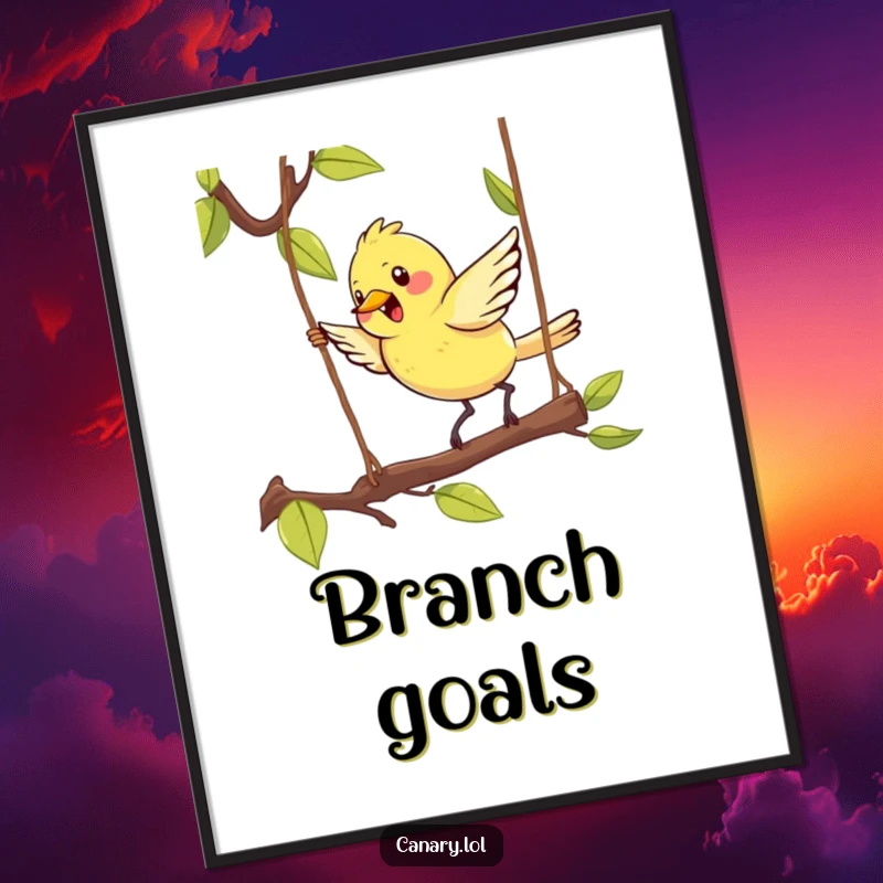 Funny Kawaii Canary Digital Art Print of a cute bird energetically hopping on a swinging branch, ideal for vibrant and cheerful wall decor.