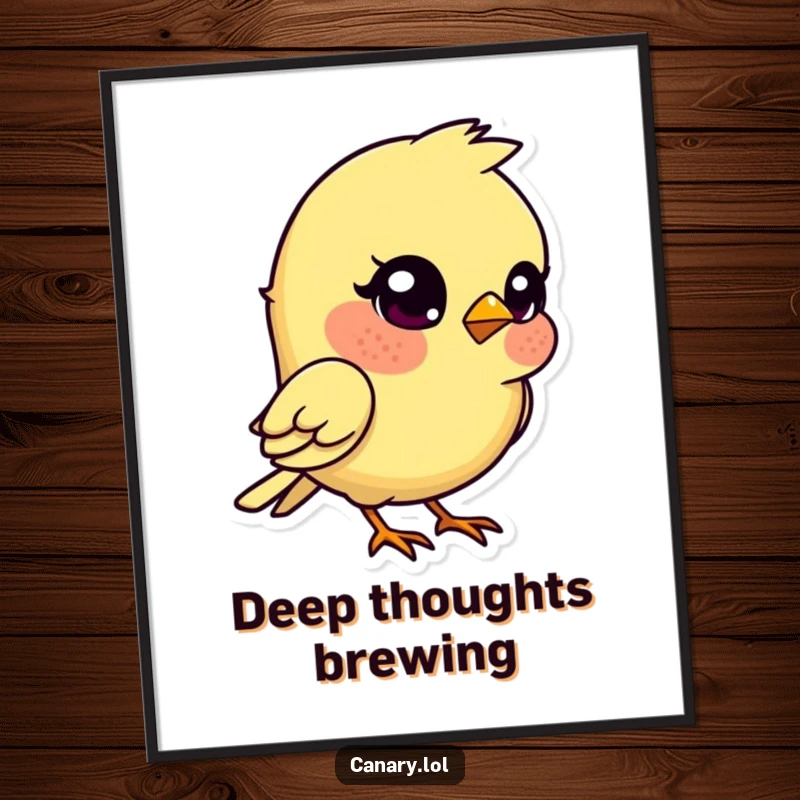 Funny kawaii canary bird digital art print, head tilted quizzically, a high-resolution humorous artwork.