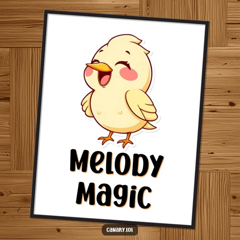 Funny kawaii canary bird digital art print, huge happy smile, singing a powerful operatic high note. Instant wall decor for music lovers.