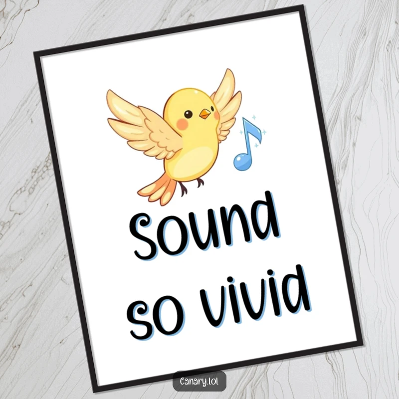 Funny musical canary digital art print, cute bird singing with wings spread near a sparkling musical note, printable.