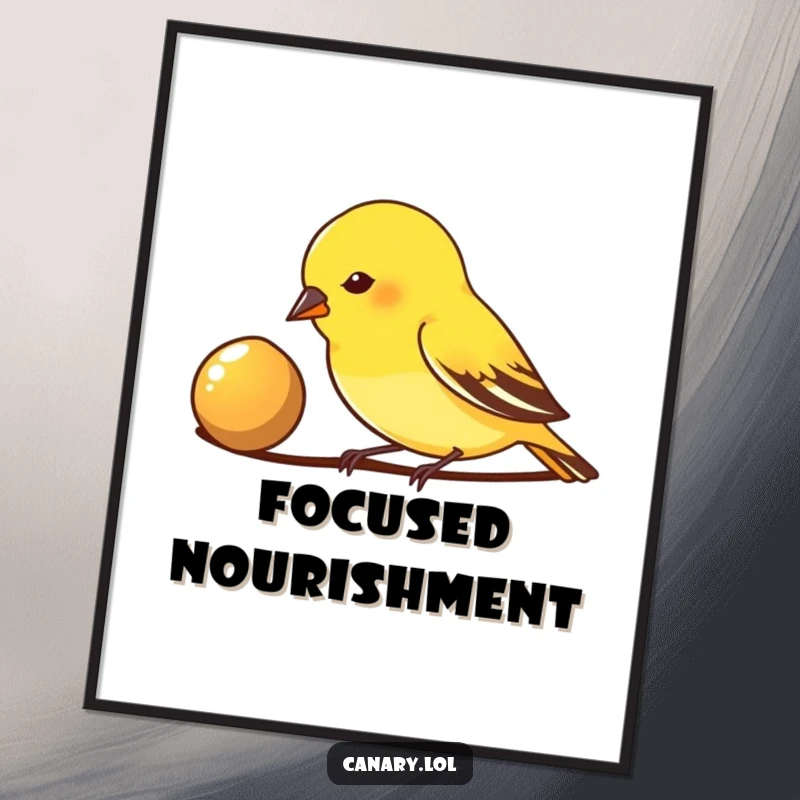 Funny Digital Art Print: A small canary bird pecks enthusiastically at a shiny seed, perfect for downloadable, focused wall decor.