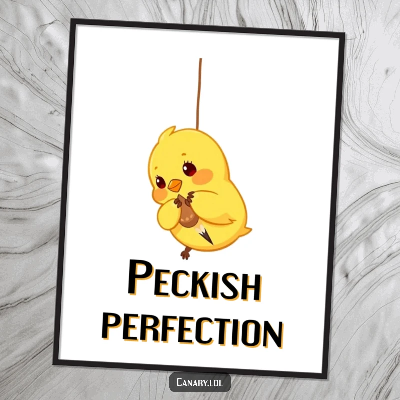 Funny Canary Digital Art Print: High-resolution artwork of a bright yellow bird playfully pecking at a dangling seed, ready for printing.