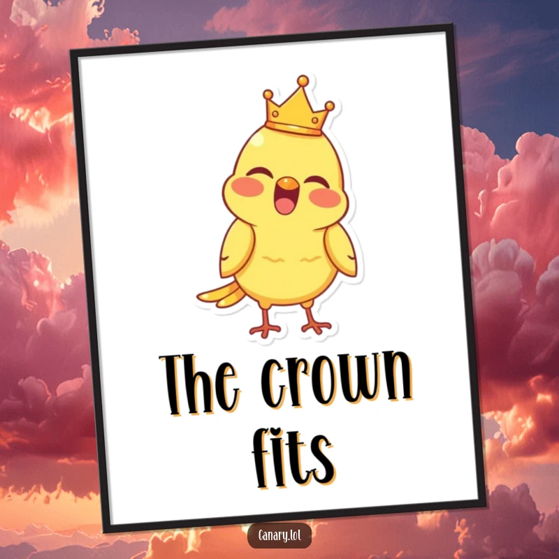 Funny Digital Art Print of a joyful canary bird wearing a tiny crown, perched and chirping merrily.