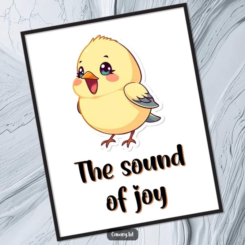 Funny Digital Art Print: A tiny, round canary bird with bright eyes sings with its beak open, perfect for downloadable, cheerful wall decor.