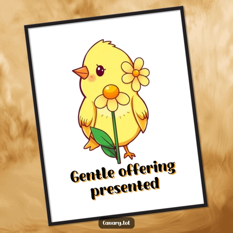 Funny digital art print of a shy canary with a soft smile, offering a single, perfect flower, conveying heartfelt tenderness.