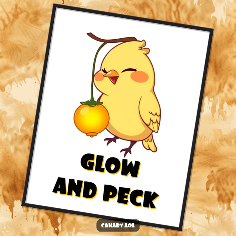 Funny canary bird digital art print, mischievous grin, pecking a glowing berry, whimsical and humorous decor.