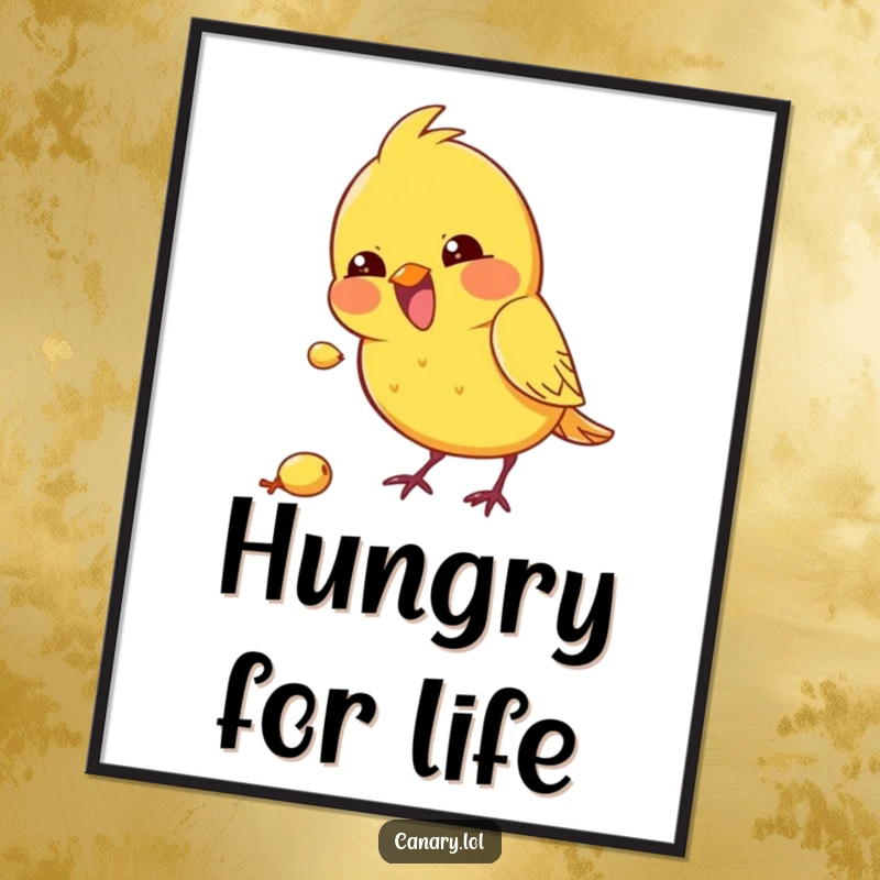 Funny kawaii canary digital art print of a bird excitedly pecking at a seed, perfect for instant humor.