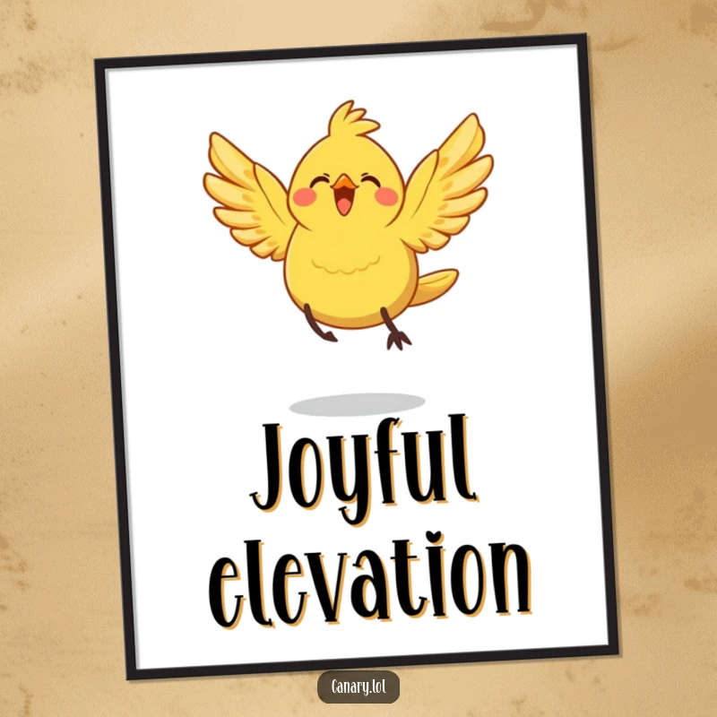 Funny Digital Art Print: A cheerful canary bird with spread wings takes a joyful leap, perfect for downloadable, uplifting wall decor.