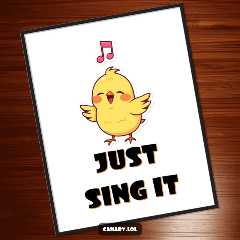 Funny Canary Digital Art Print: High-resolution artwork of a cheerful bird singing loudly with a musical note, ready for instant printing.