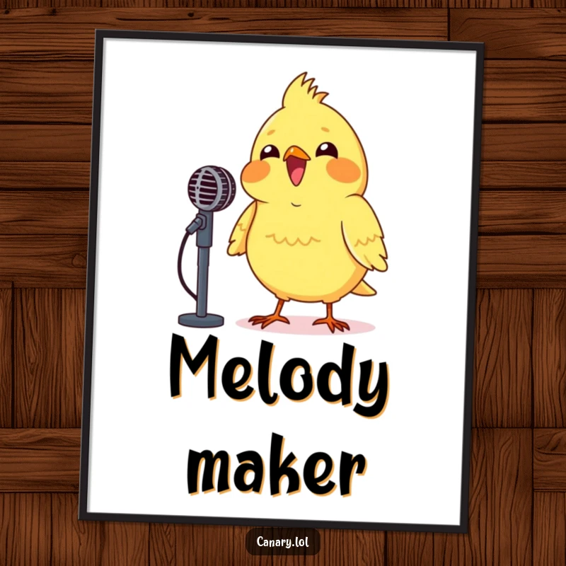 Funny Canary Microphone Digital Art Print showing a beaming canary enthusiastically singing into a small microphone, full of stage presence.