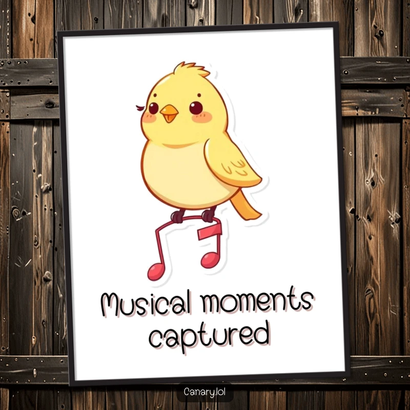 Funny canary digital art print of a pleased yellow bird resting on a miniature musical note, exuding contentment.