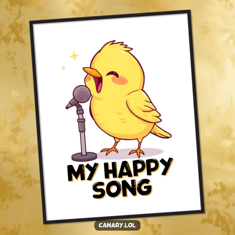 Funny Digital Art: A canary beams with pure enthusiasm, singing into a microphone, bringing instant cheer and humorous musical vibes.