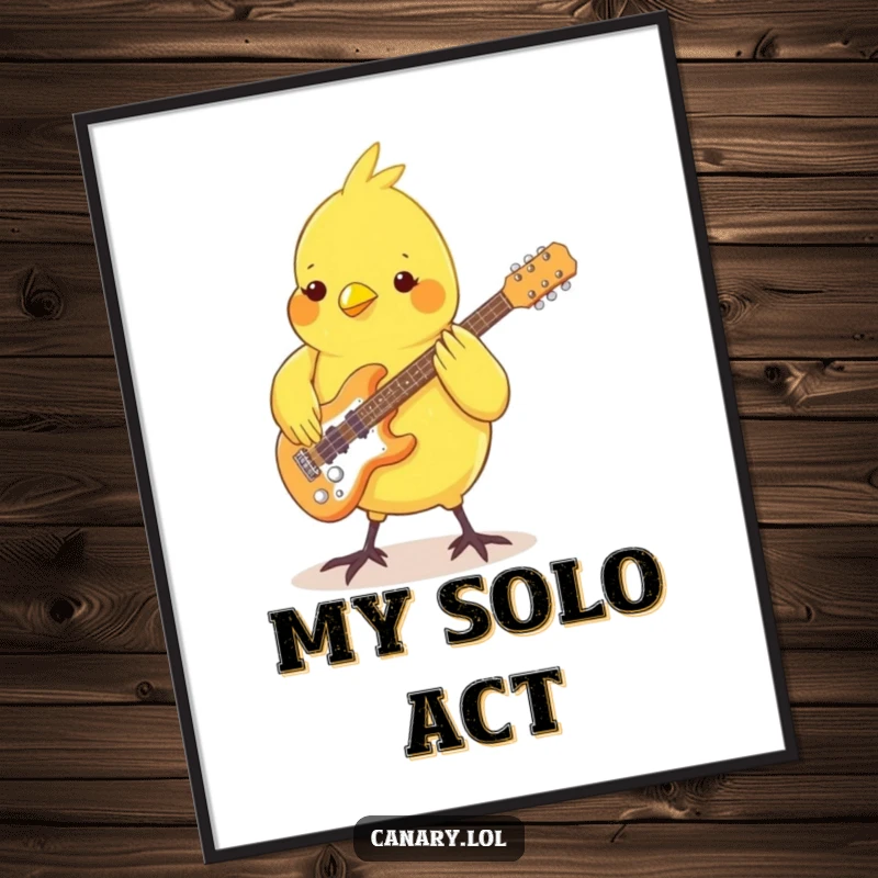 Funny Canary Digital Art: A high-resolution image of a bird playing a miniature guitar with its feet, a perfect humorous decoration.