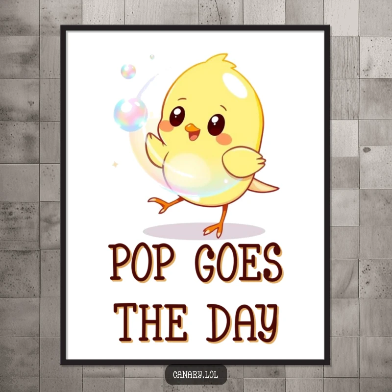 Funny Digital Art Print of a yellow canary playfully chasing a shimmering iridescent bubble, capturing a moment of joyful and whimsical pursuit.