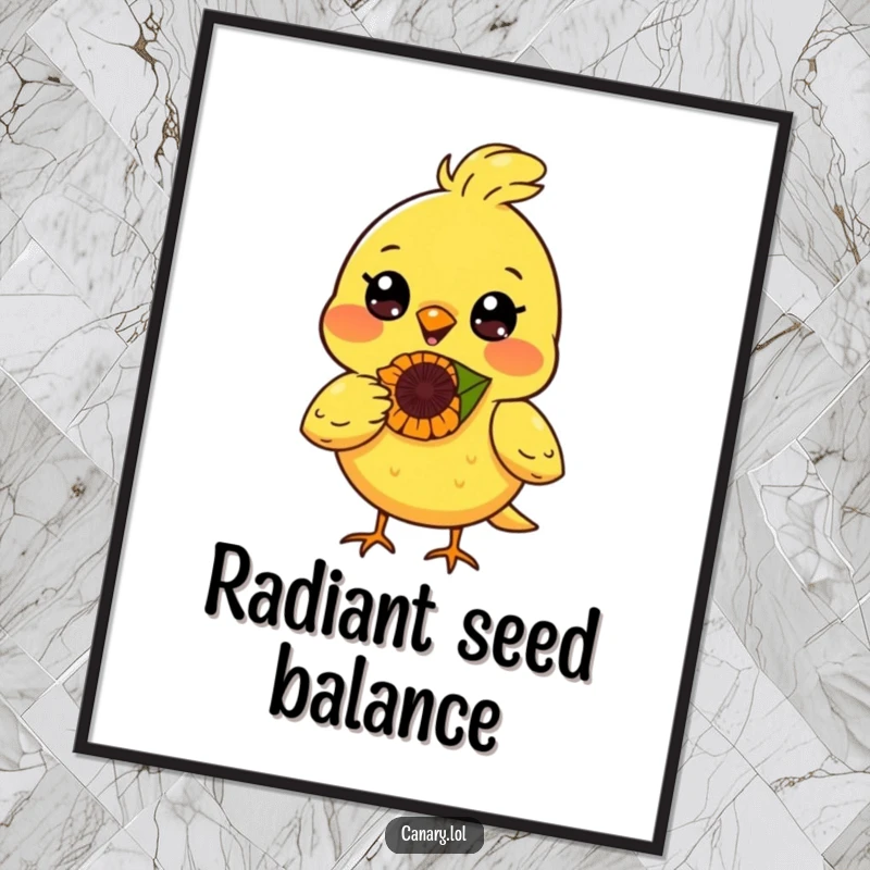 Funny canary bird digital art print, radiant smile, balancing a sunflower seed on its nose, joyful and skillful decor.
