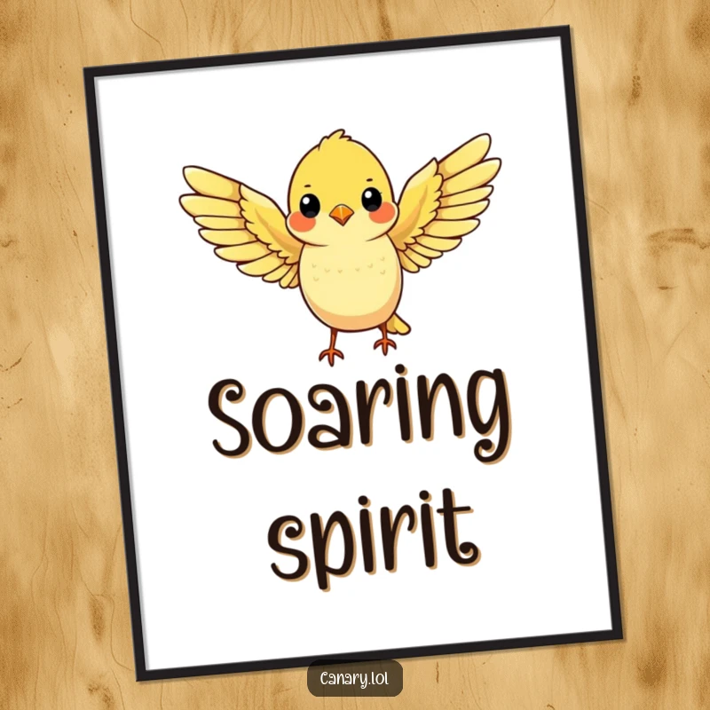Funny digital art print of a cute yellow canary spreading its wings wide, ready for flight, for instant download.