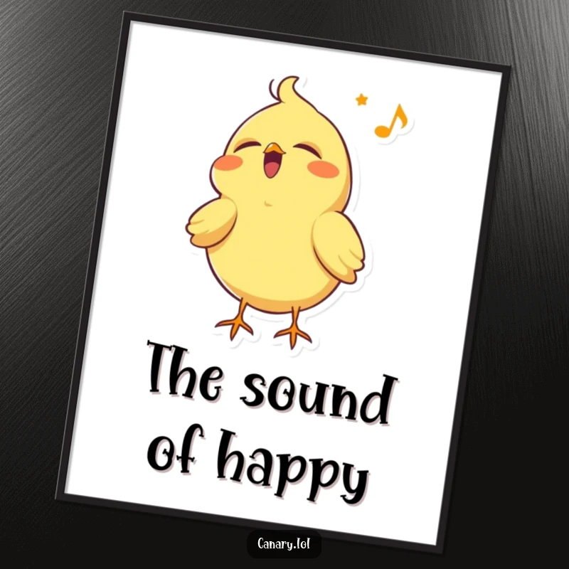 Funny canary bird digital art print, singing with eyes closed and head tilted back in pure, humorous bliss.