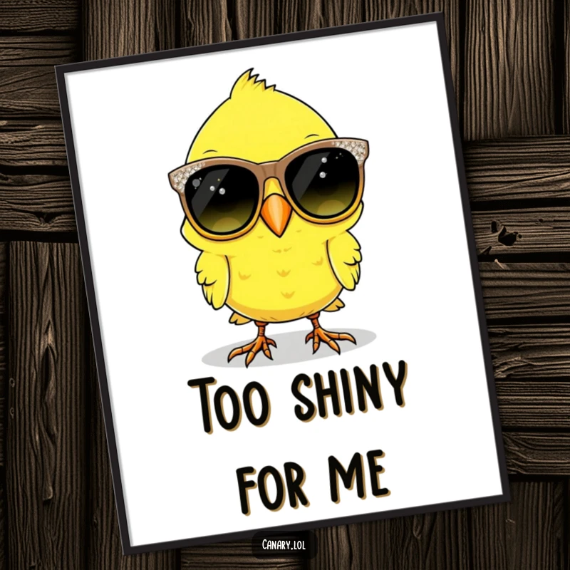 Funny canary bird digital art print of a bird comically wearing oversized, sparkly sunglasses, ready to frame.