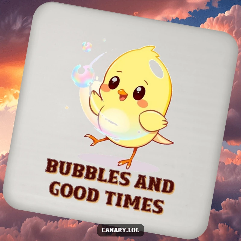 Funny Drink Coaster featuring a yellow canary playfully chasing a shimmering iridescent bubble, adding a touch of lighthearted fun.