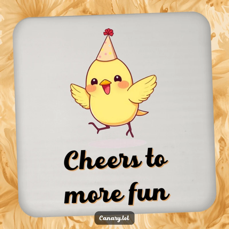 Funny coasters featuring a tiny canary wearing a party hat, bouncing enthusiastically, protecting surfaces during celebrations.