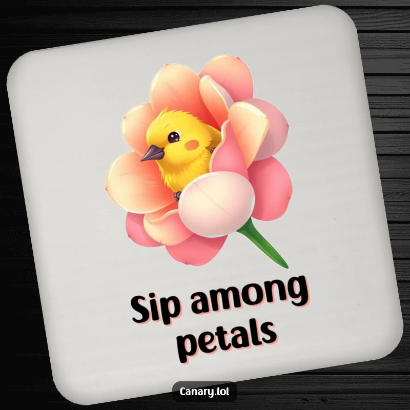 Funny drink coaster with a curious canary bird playfully peeking from a vibrantly colored flower, protecting surfaces with whimsical charm.