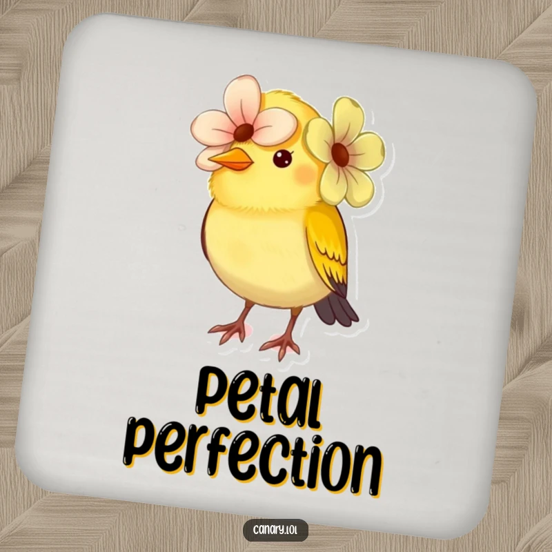 Funny small canary bird drink coaster, comically wearing a flower as a hat. A stylish and humorous coaster for tables.