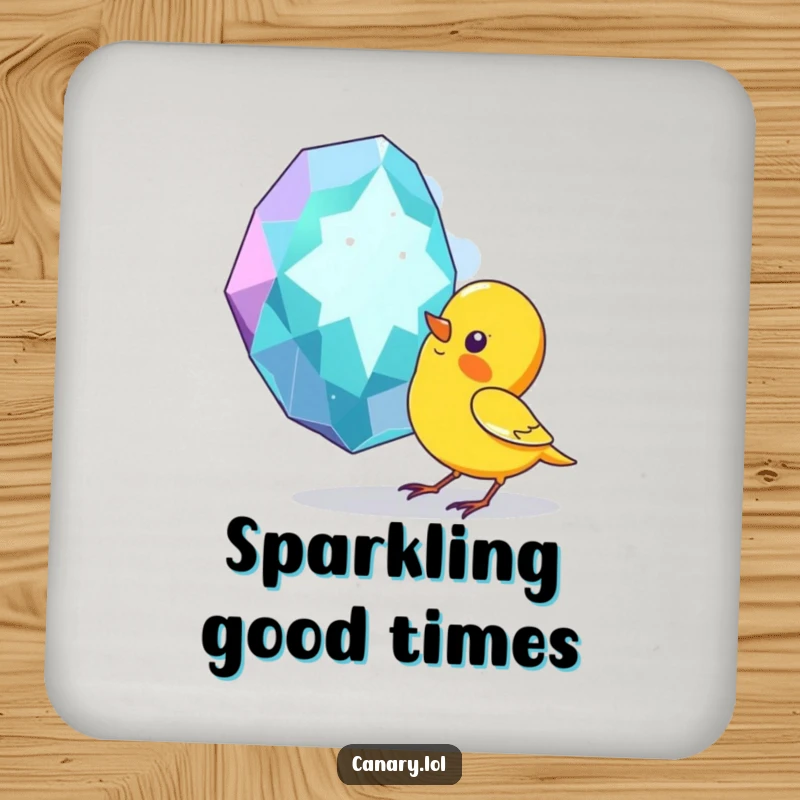 Funny drink coasters featuring a curious canary bird pecking at a large, sparkling gem, adding humorous protection to surfaces.