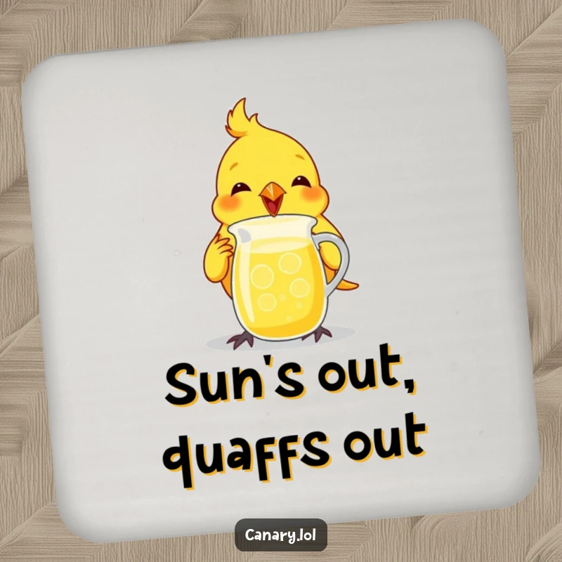 Funny canary bird drink coaster, enthusiastically chugging from a tiny lemonade pitcher, adds joy to tables.