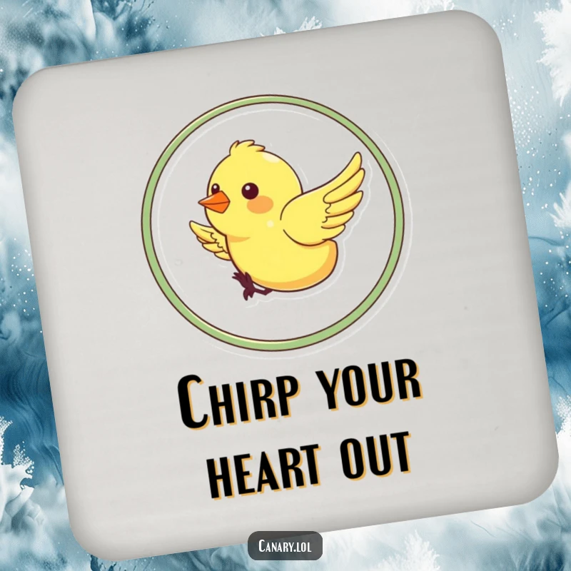 Funny drink coaster showcasing a cheerful canary in a gravity-defying loop, protecting your furniture with avian flair and a smile.