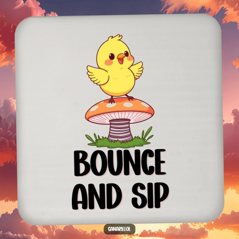 Funny Canary Mushroom Coaster featuring a happy canary bouncing on a colorful mushroom, adding whimsical charm.