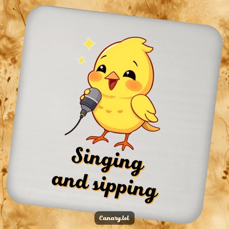 Funny drink coasters with a canary bird holding a tiny microphone and singing passionately, adding a humorous musical theme.