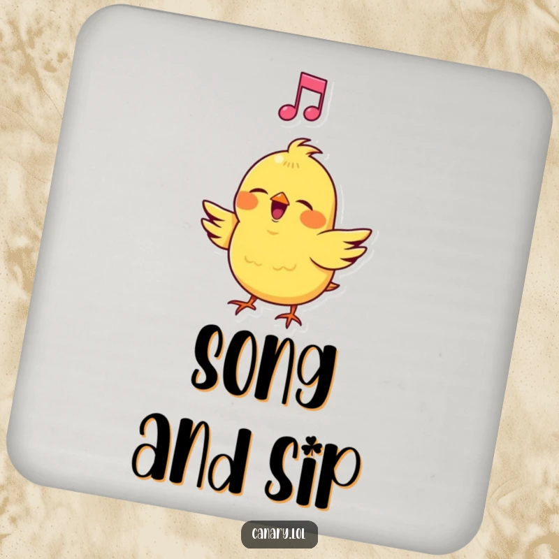 Funny Canary Drink Coaster: Protective coaster featuring a cheerful bird singing loudly with a musical note, adding musical charm.