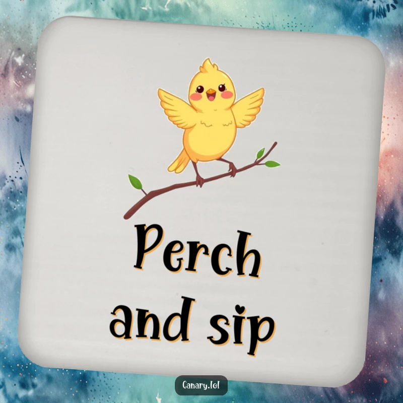 Funny canary drink coaster illustration of a happy yellow bird dancing vibrantly on a delicate, swaying branch.