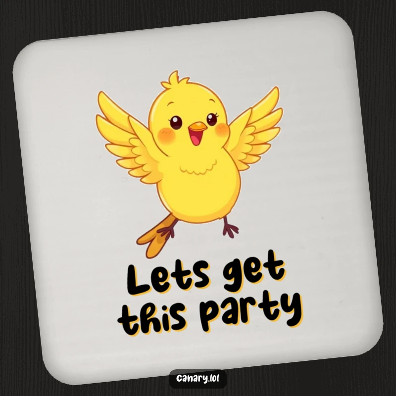 Funny kawaii canary bird drink coaster, wings fluttering with playful energy, a humorous and functional home accessory.