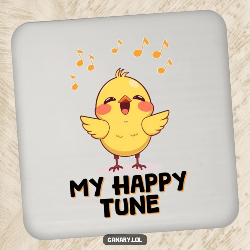 Funny kawaii canary singing drink coaster, featuring a cheerful bird with musical notes, protecting surfaces with humorous, musical charm.