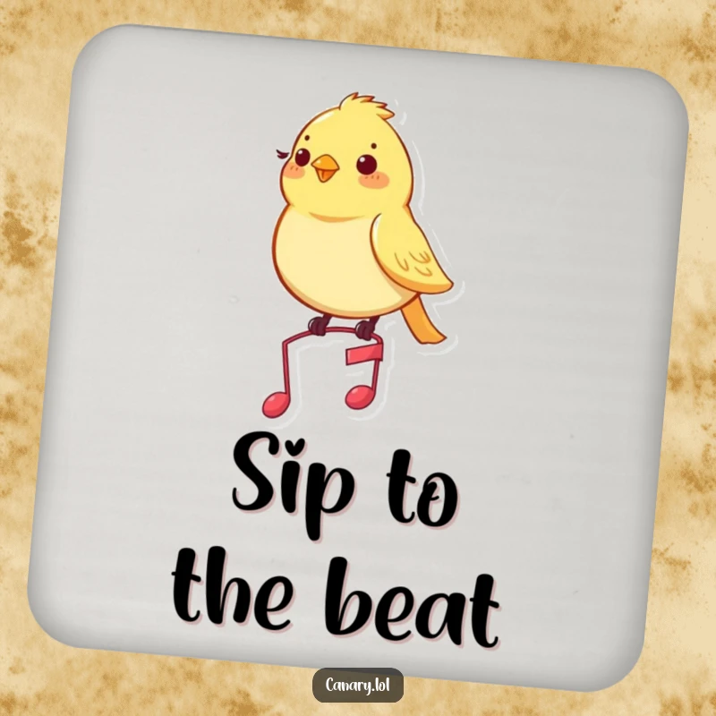 Funny canary drink coaster featuring a content yellow bird perched on a miniature musical note, looking pleased.