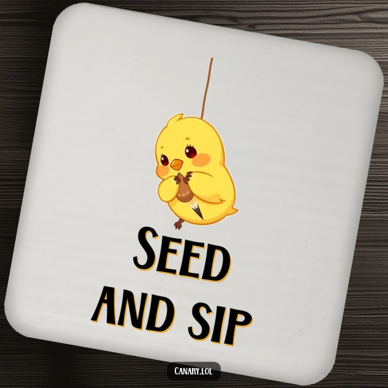 Funny Canary Drink Coaster: Protective coaster featuring a bright yellow bird playfully pecking at a dangling seed, adding playful charm.