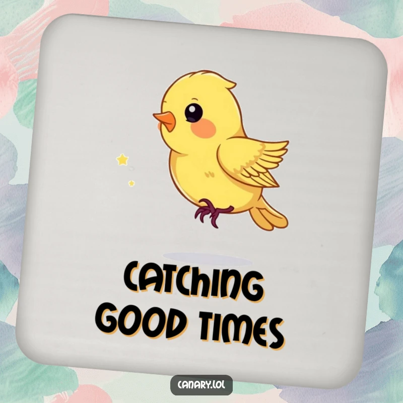 Funny Drink Coasters featuring a playful canary bird chasing a sparkling dust mote, protecting surfaces with whimsy.