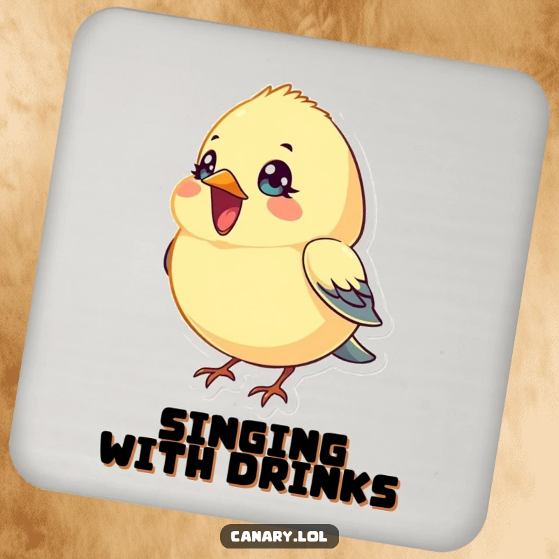 Funny Coaster: A tiny, round canary bird with bright eyes sings with its beak open, adding a cheerful and musical touch to any surface.