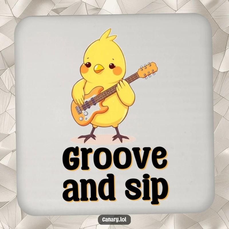 Funny Canary Coaster: A small bird playing a guitar with its feet, designed to protect surfaces with musical humor.