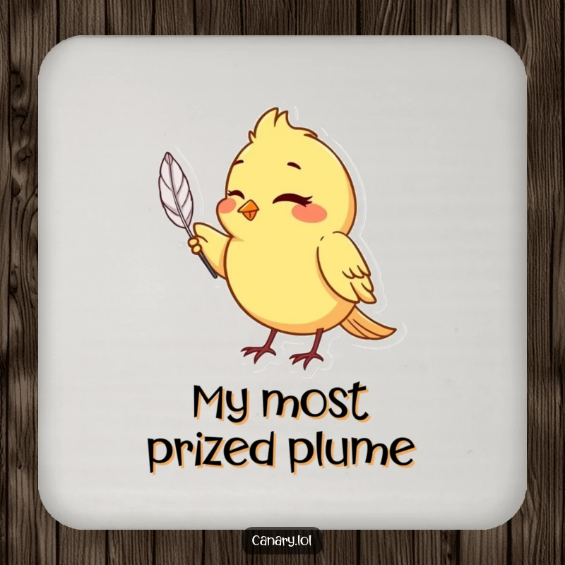 Funny canary bird drink coaster, winking and holding a single, perfect feather, adds charm to tables.
