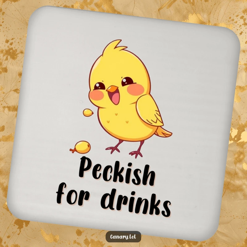 Funny kawaii canary drink coaster featuring a bird excitedly pecking at a seed, protecting surfaces humorously.