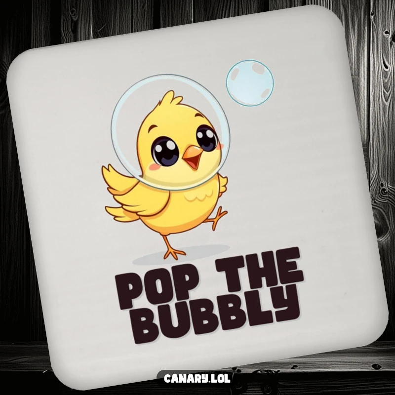 Funny canary bird coaster, joyful eyes, chasing a floating soap bubble, protects surfaces with cheer.