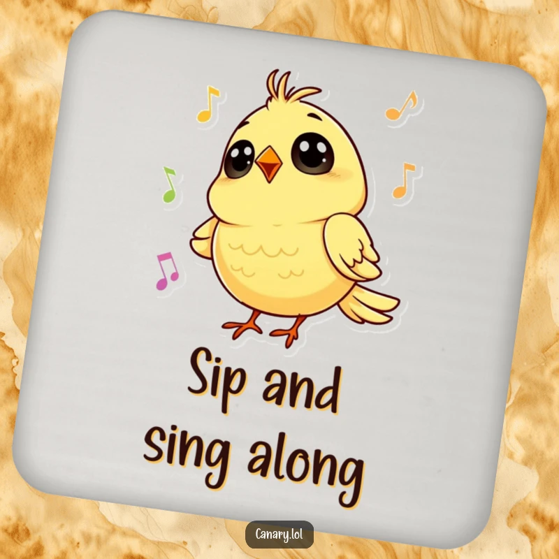 Funny coasters featuring a tiny canary with big, round eyes singing a cheerful tune, protecting surfaces musically.