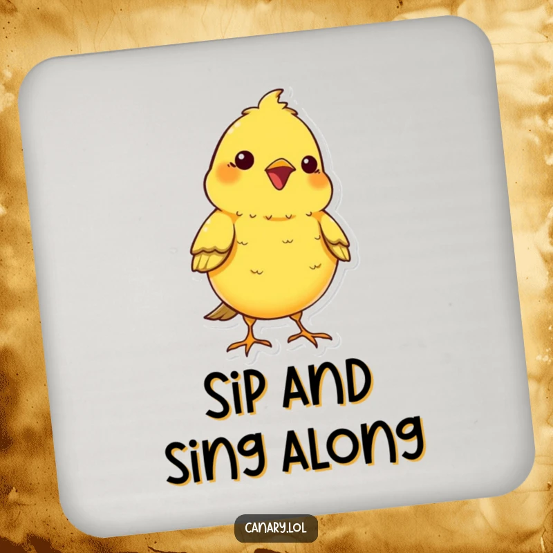 Funny kawaii canary bird drink coaster, chest puffed out, chirping cheerfully, a humorous and functional home accessory.