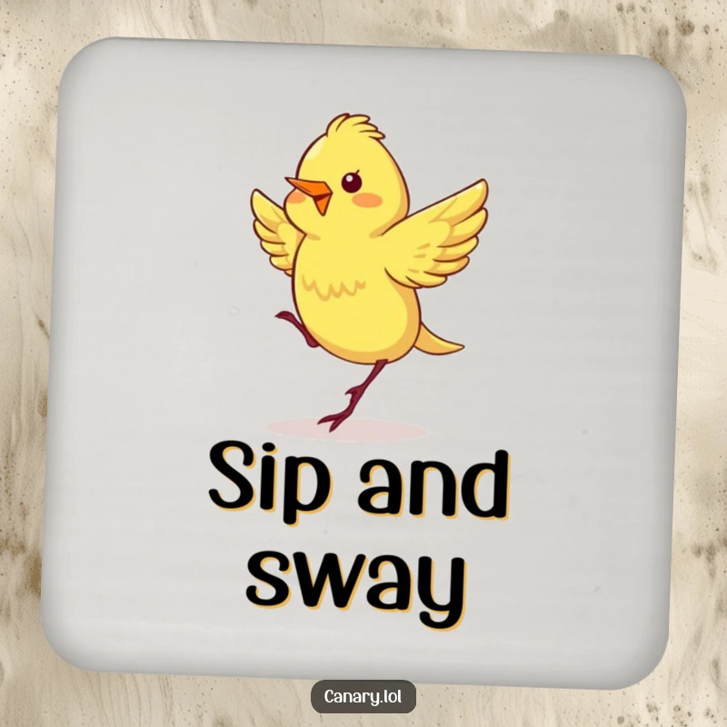 Funny drink coaster with a canary whose wings flutter rapidly, performing a happy dance, adding cheerful charm to any table.