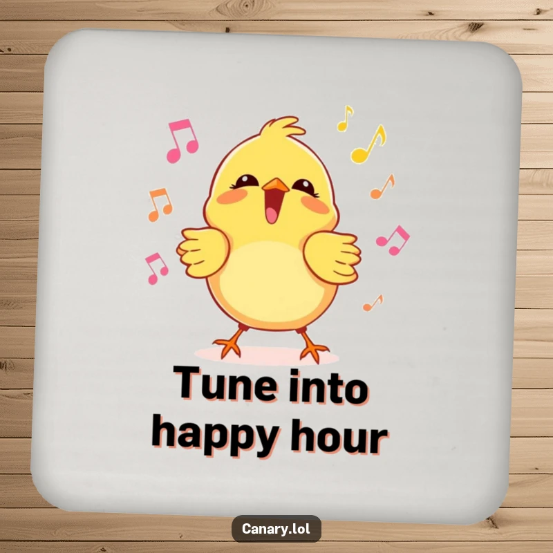 Funny kawaii canary drink coaster featuring a bird singing joyfully with musical notes, protecting surfaces humorously.
