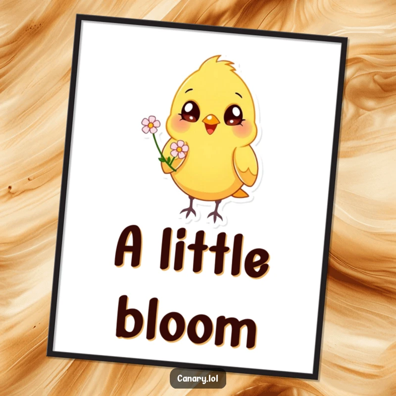 Funny happy canary bird poster, bright eyes, offering a flower, cheerful wall art, joyful illustration.
