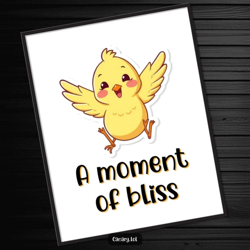 Funny happy canary leaping poster with wings spread, capturing a moment of pure joy and comical exuberance, ideal for uplifting wall art.